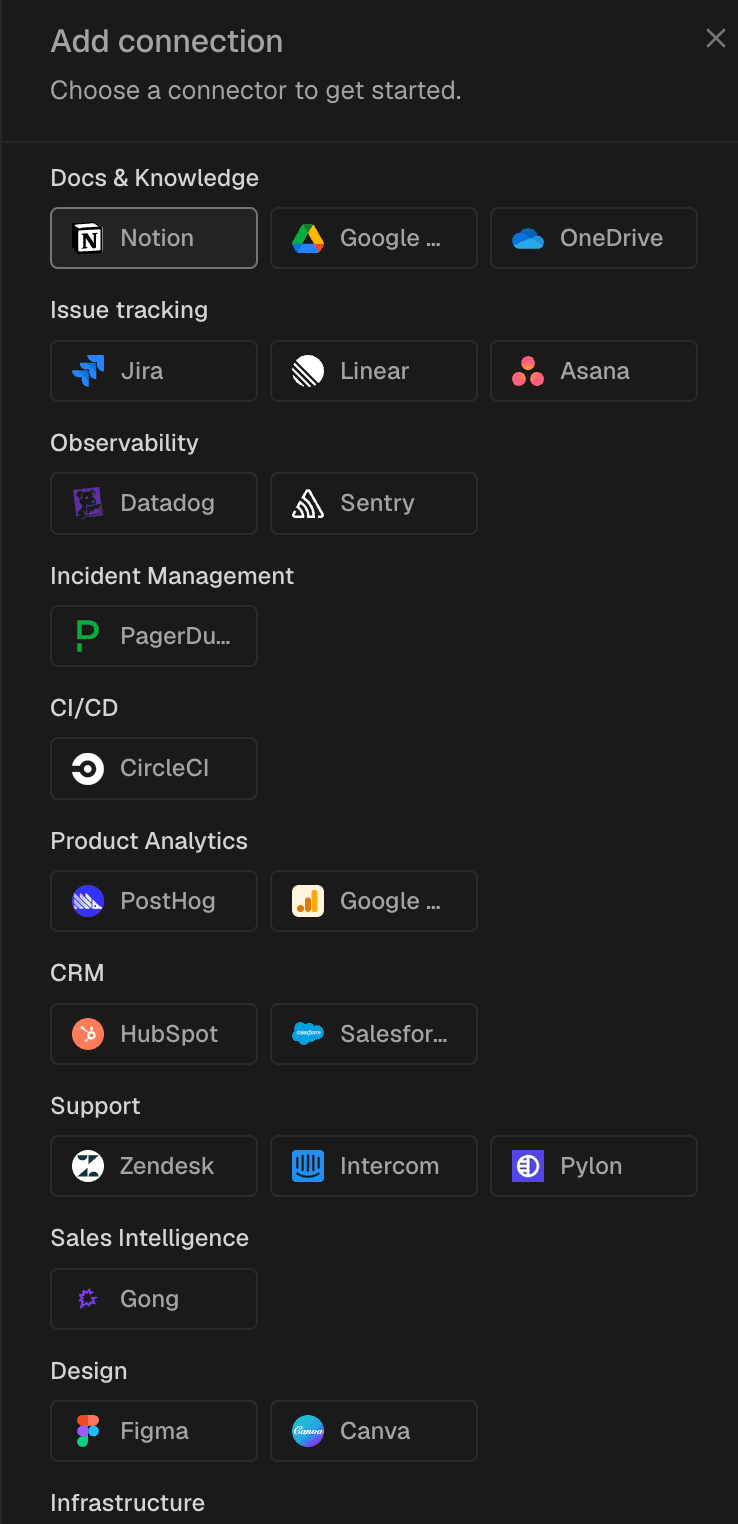 UI displaying 'Add connection' with various integrations like Notion, Jira, Datadog, and Figma.