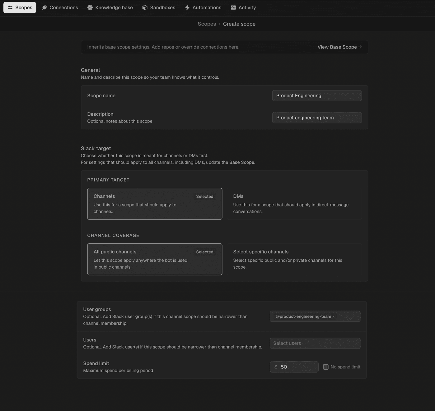 Dark UI displaying page creation settings for general, content types, languages, layouts, and SEO.