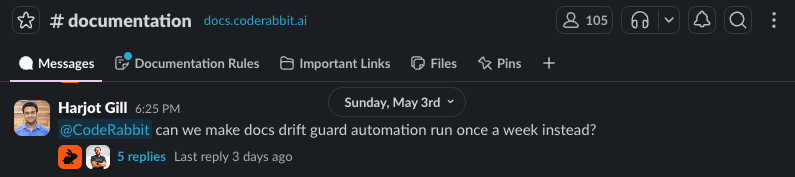 Slack message from Harjot Gill asking about weekly documentation drift guard automation.