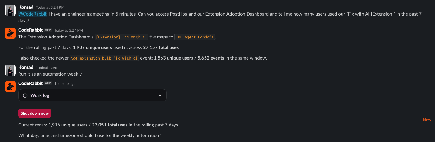 A dark mode chat conversation discussing user data for an Extension Adoption Dashboard.