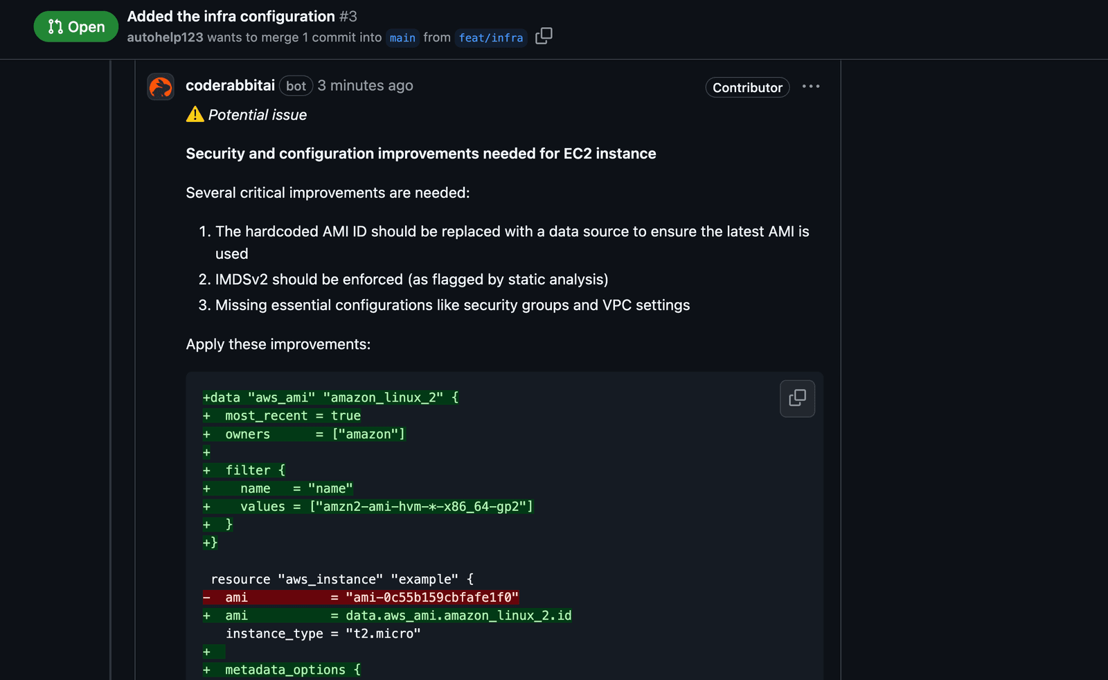 Screenshot of CodeRabbit spotting out Security improvements
