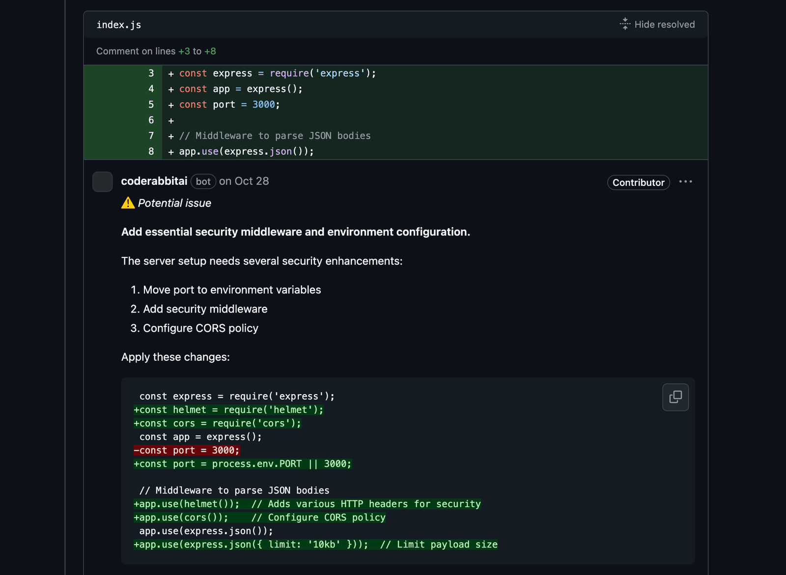 Screenshot of some of the actionable review comments from Coderabbit