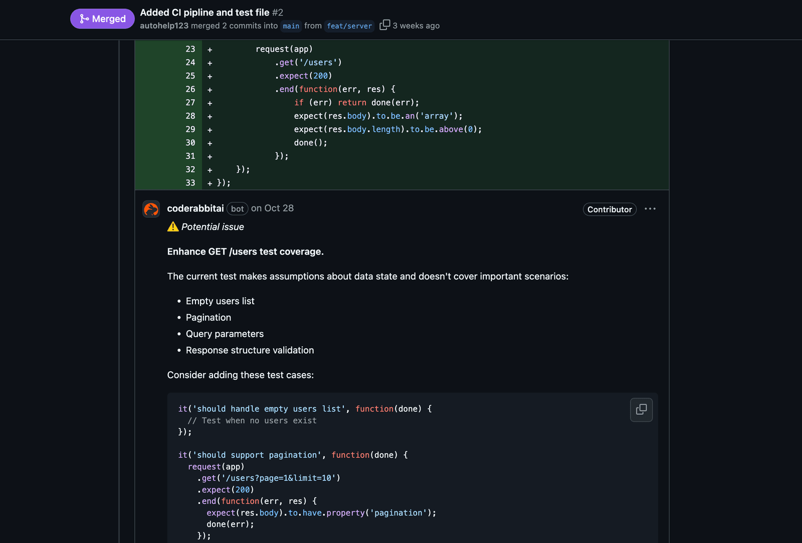Screenshot of CodeRabbit detecting a Potential issue with the test