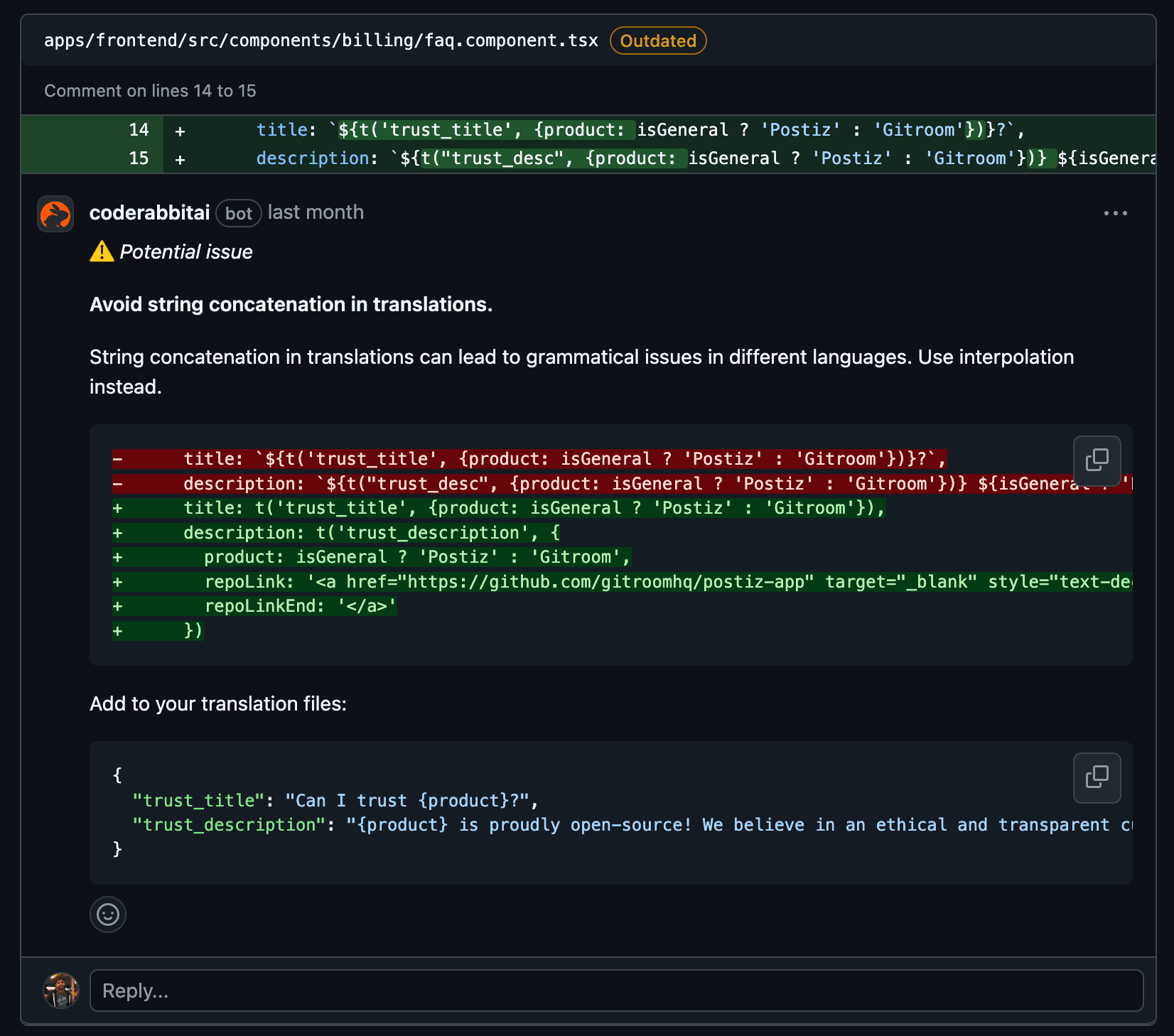 Developer working with CodeRabbit on the translation feature