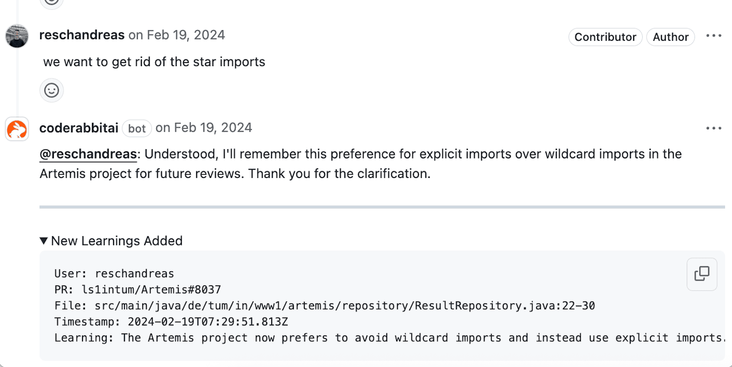CodeRabbit learnings from chat