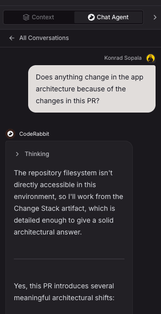 Chat conversation in dark mode about app architecture changes related to a pull request.