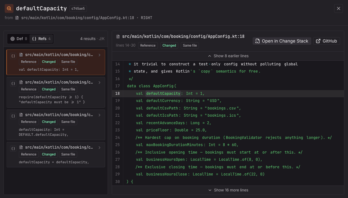Code editor shows a diff view of a Kotlin configuration file with highlighted code changes.