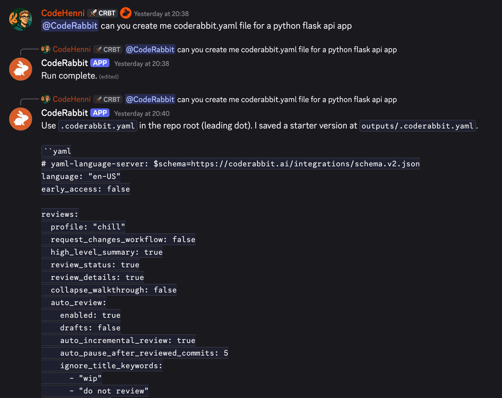 Discord chat showing CodeRabbit bot generating a YAML configuration file for a Python Flask app.