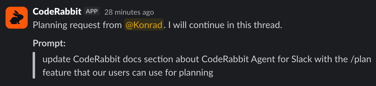 CodeRabbit app planning request for updating docs on Agent for Slack's /plan feature.