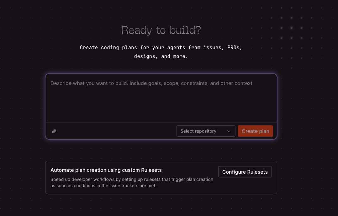 Dark UI for creating a plan: input field, repository selector, and 'Create plan' button.
