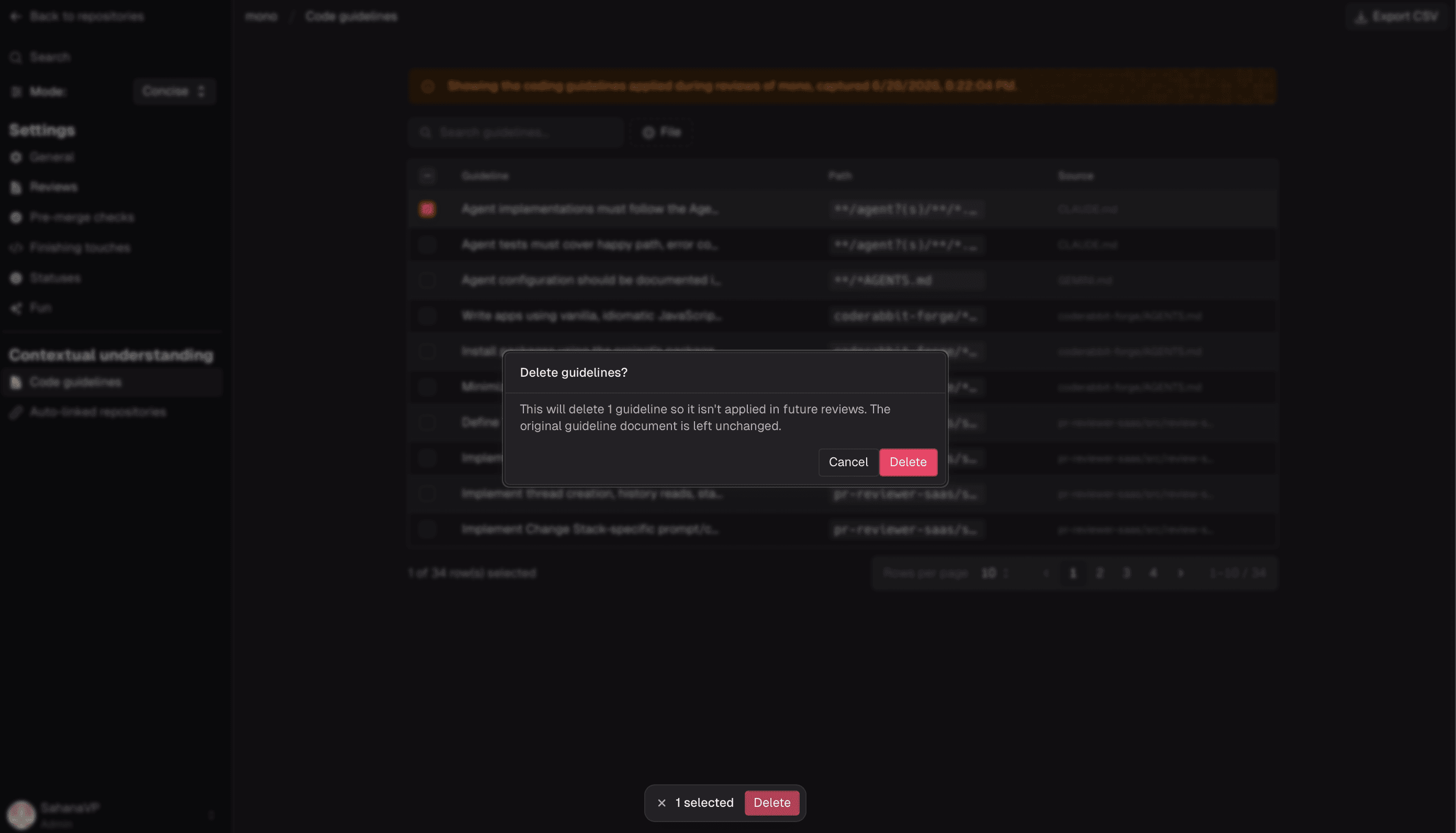 Dark UI with a modal confirming 'Delete guideline?' and explaining the action's consequences for an update.