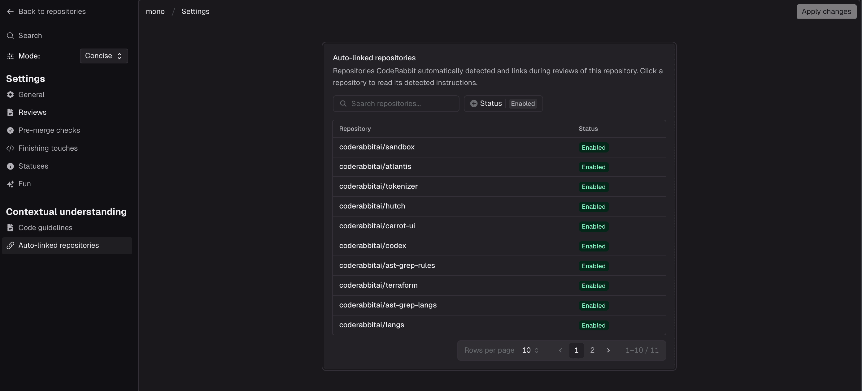 Dark UI showing settings for auto-linked repositories with a list of enabled repositories.