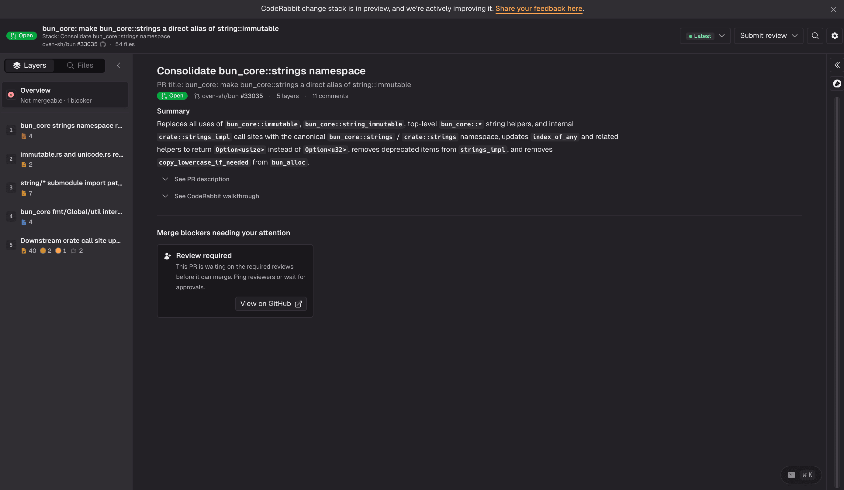 Dark-themed code review page showing a pull request to consolidate 'fish_core' namespace.