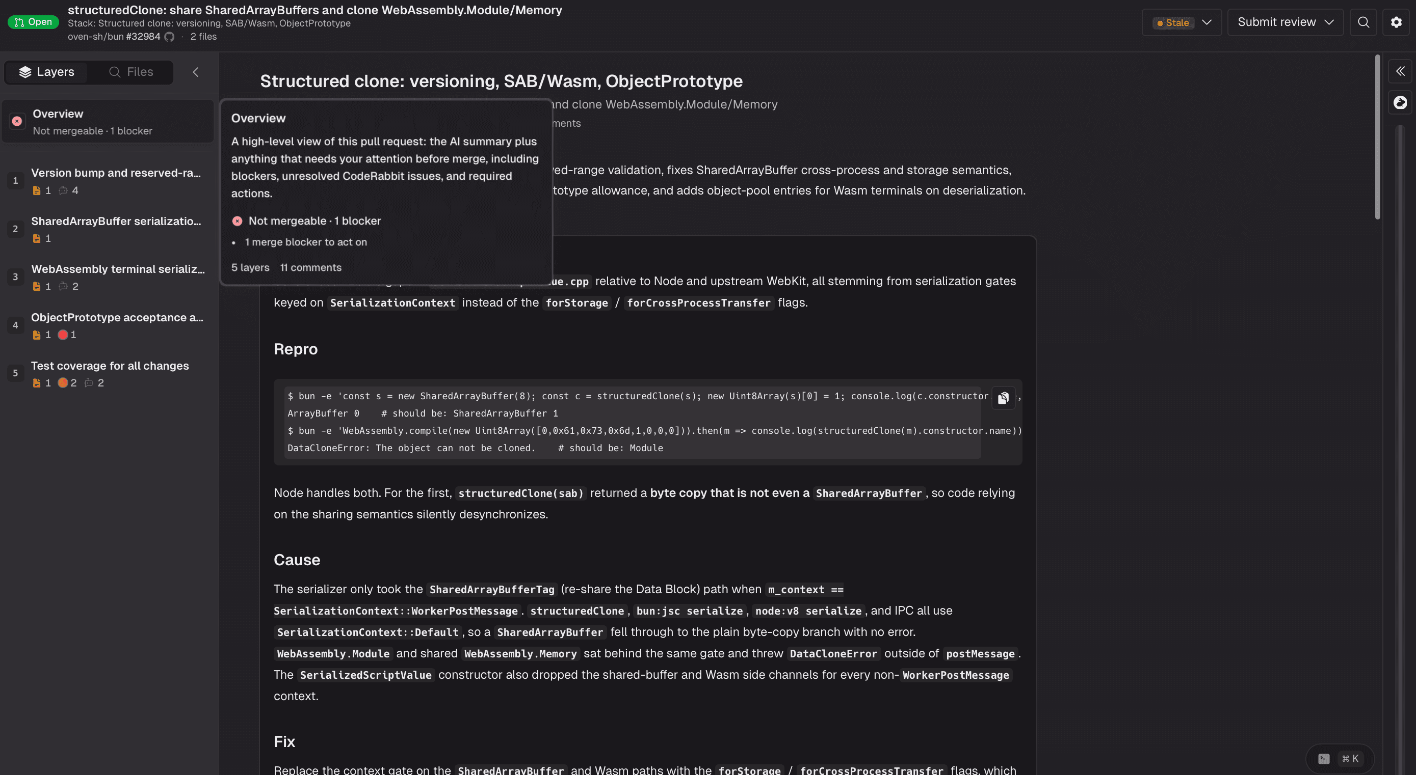 GitHub page showing a pull request with an open 'Overview' summary box.