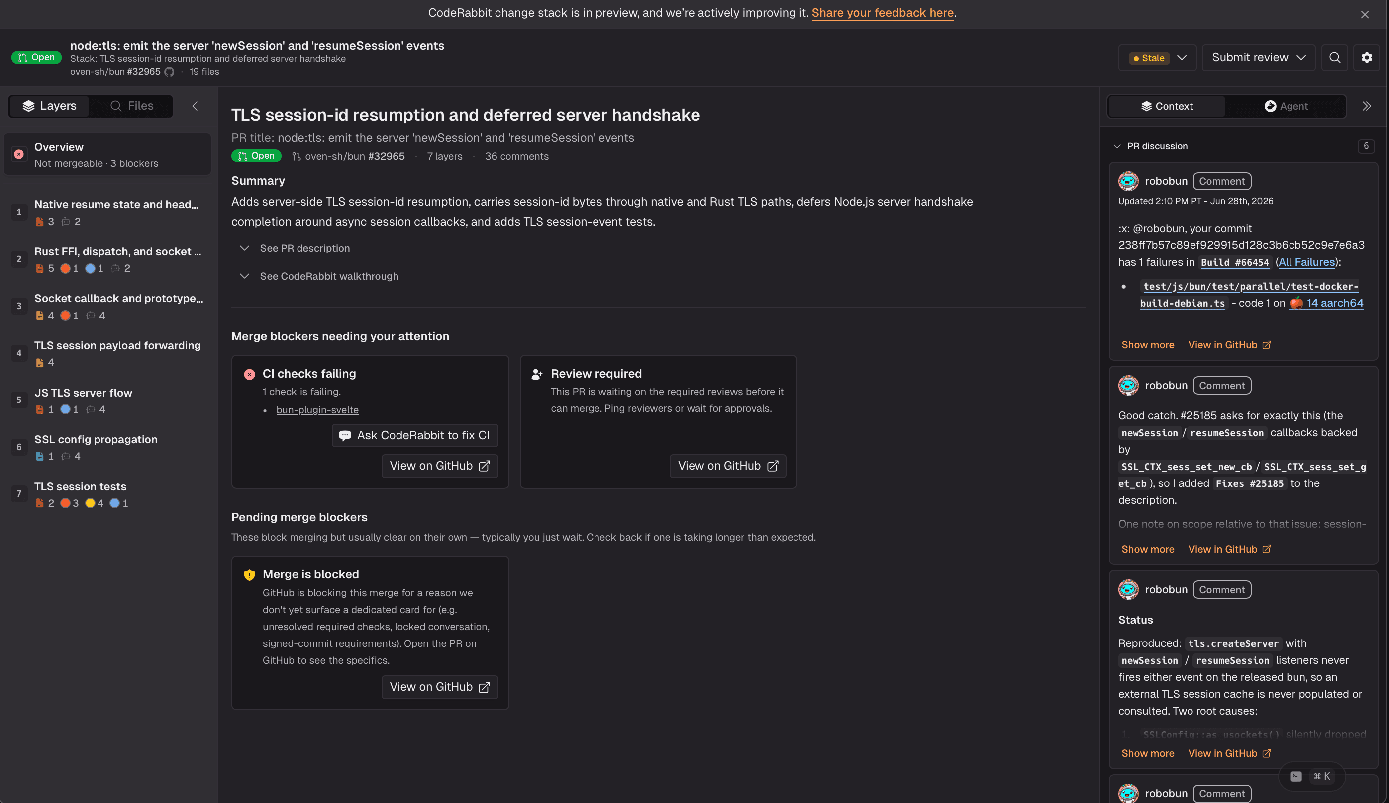 GitHub issue page displaying 'TLS session ID resumption and deferred server handshake' with dark theme.