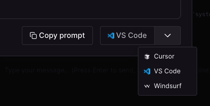 Open dropdown menu displays Cursor, VS Code, and Windsurf options in a dark interface.