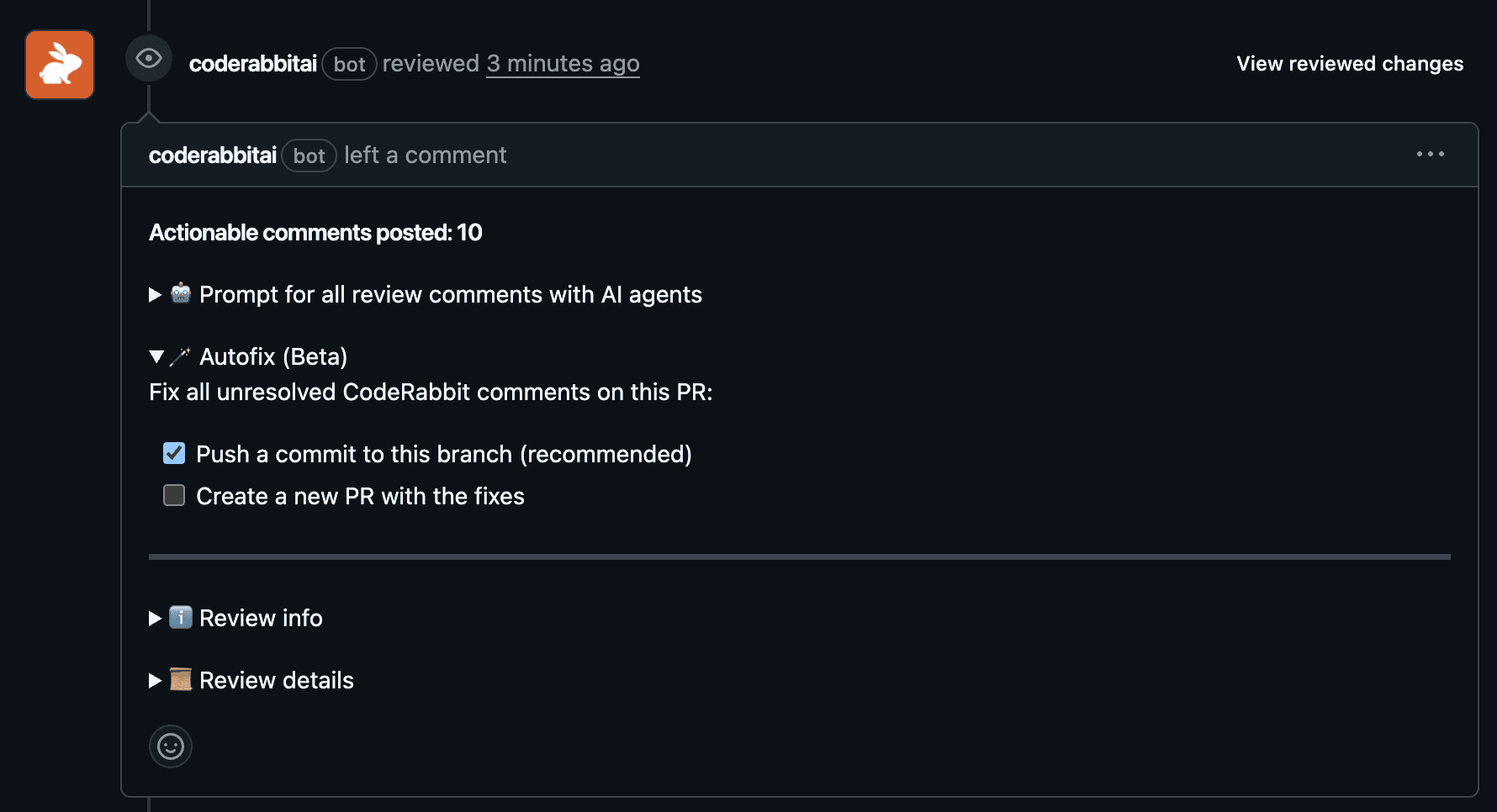 GitHub interface showing coderabbitai bot's actionable comments and options for AI review, autofix.