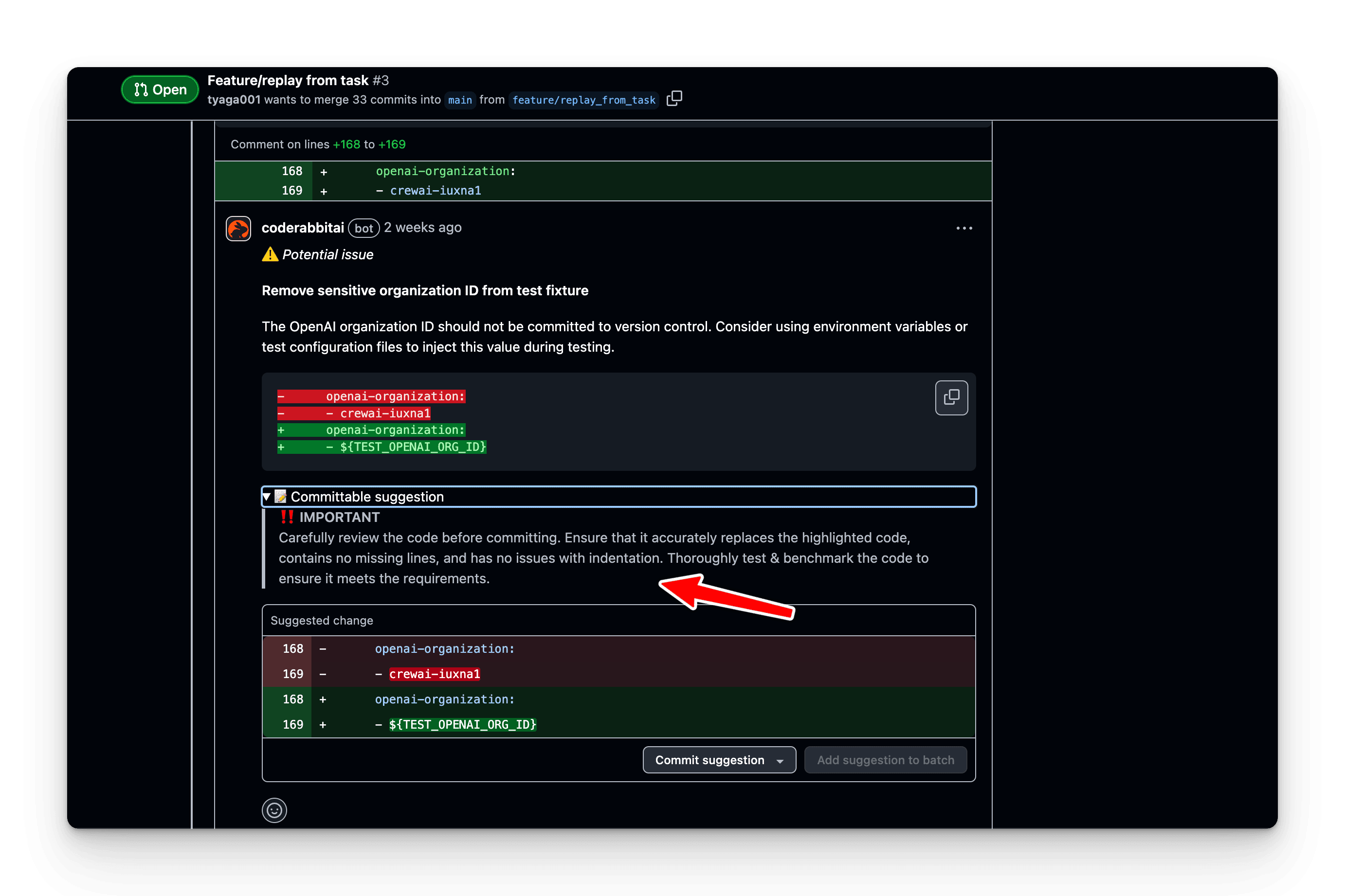 For quick fixes, CodeRabbit offers one button solution to commit AI recommended changes.