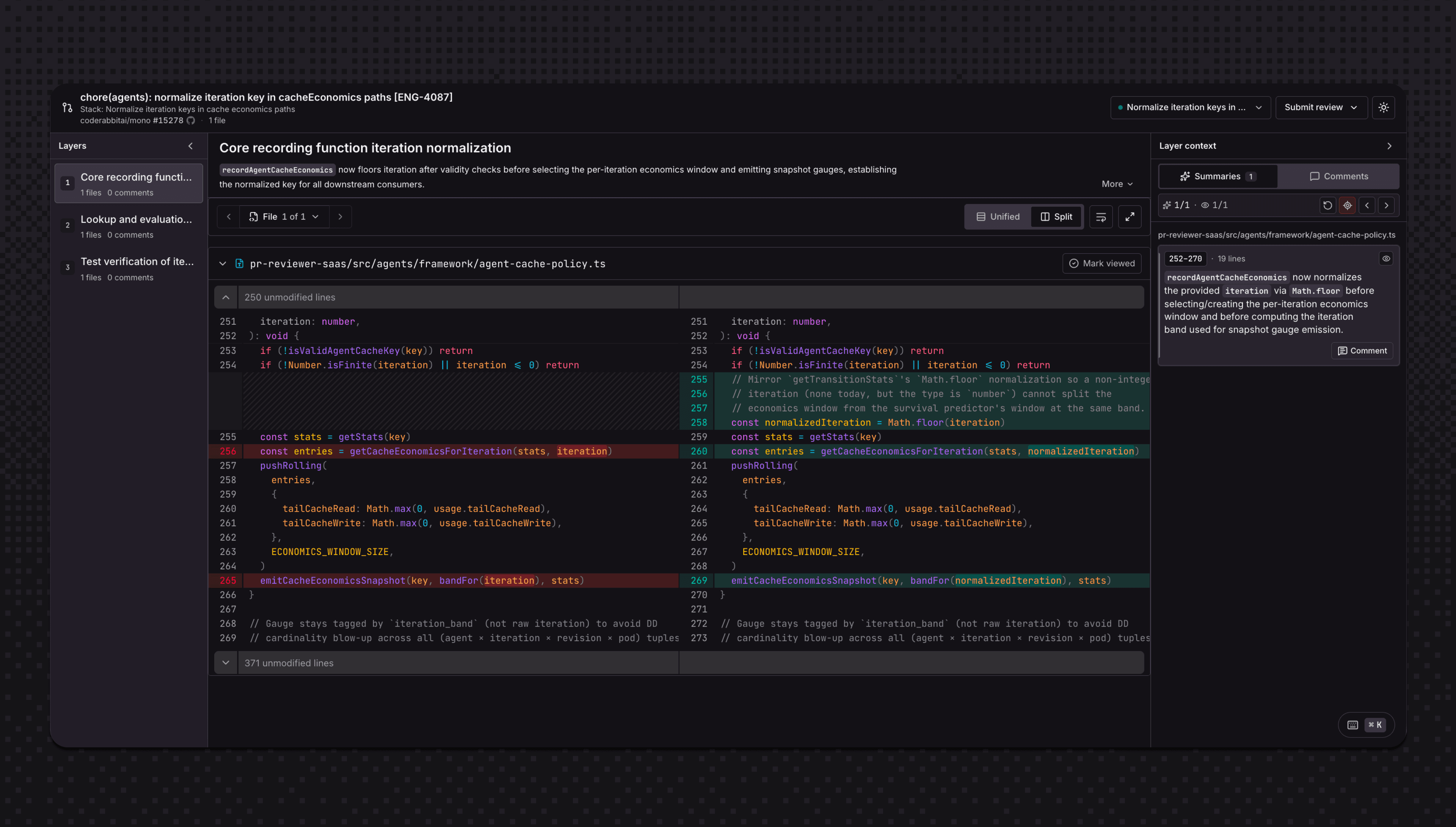 Dark-themed code editor displaying a Git pull request with a side-by-side code diff.