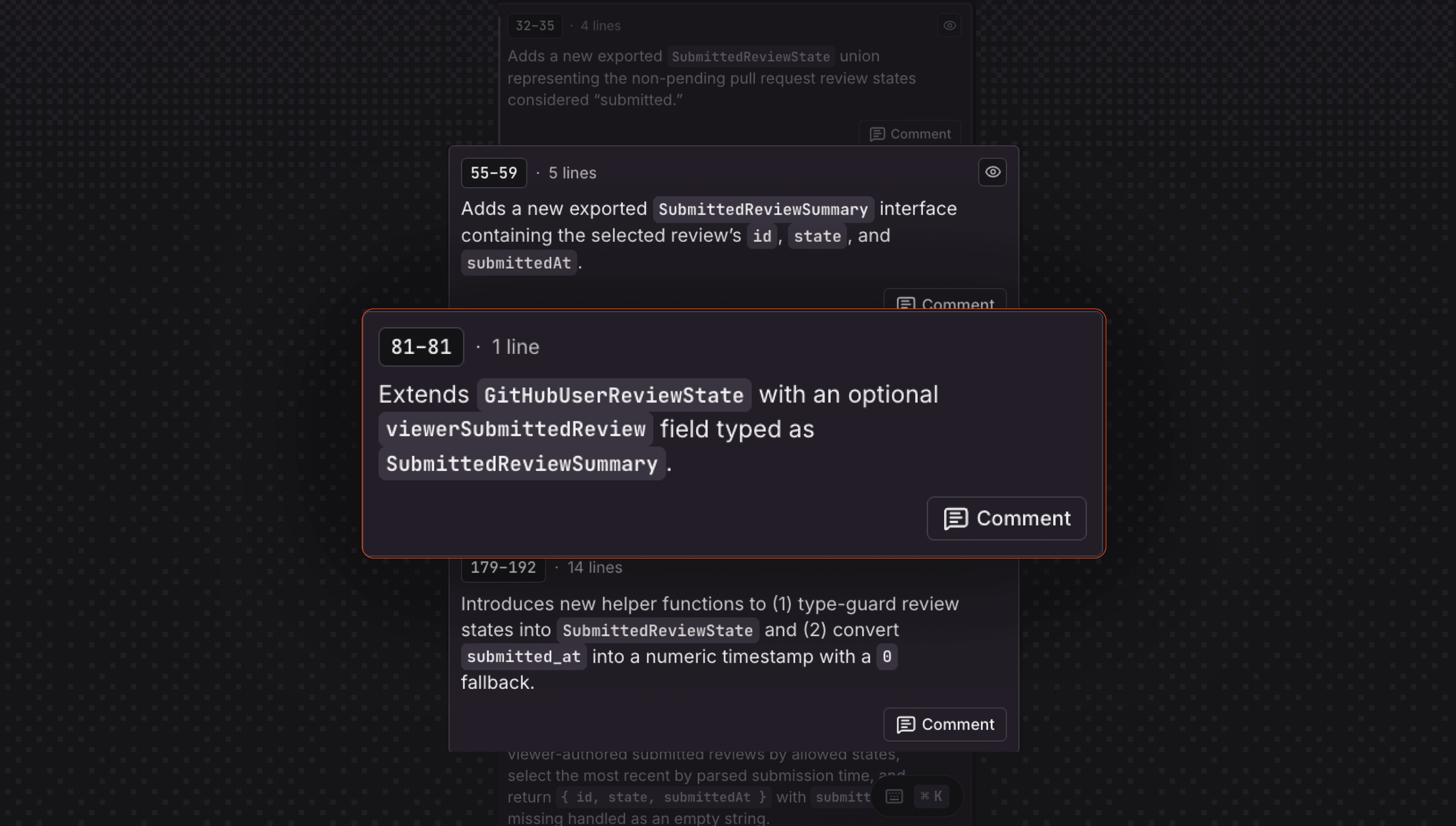 Code review interface showing a highlighted comment extending IIRRReviewState with viewerSubmittedReview.
