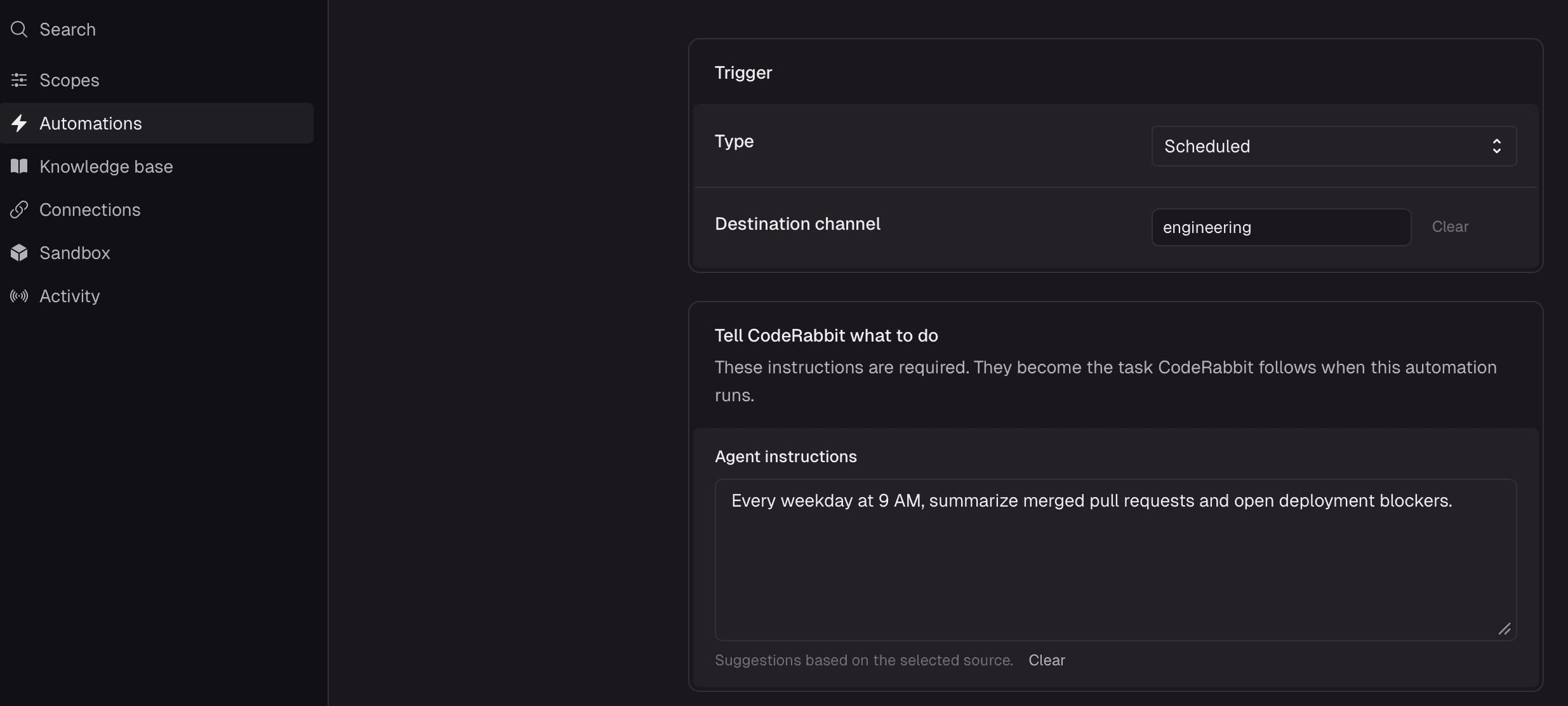 Automation setup with CodePilot scheduled to summarize pull requests and open deployment blockers.