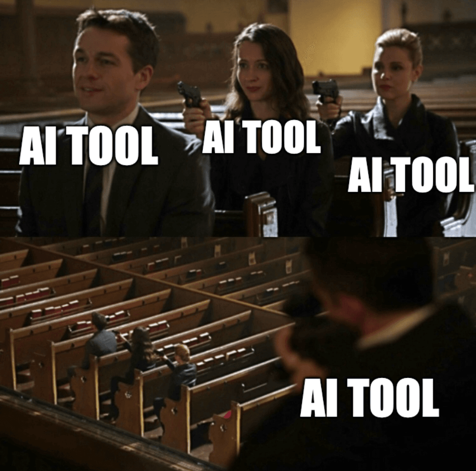 「AI TOOL」とラベル付けされた複数の人が、部屋の中で銃を構えているミーム風の画像。