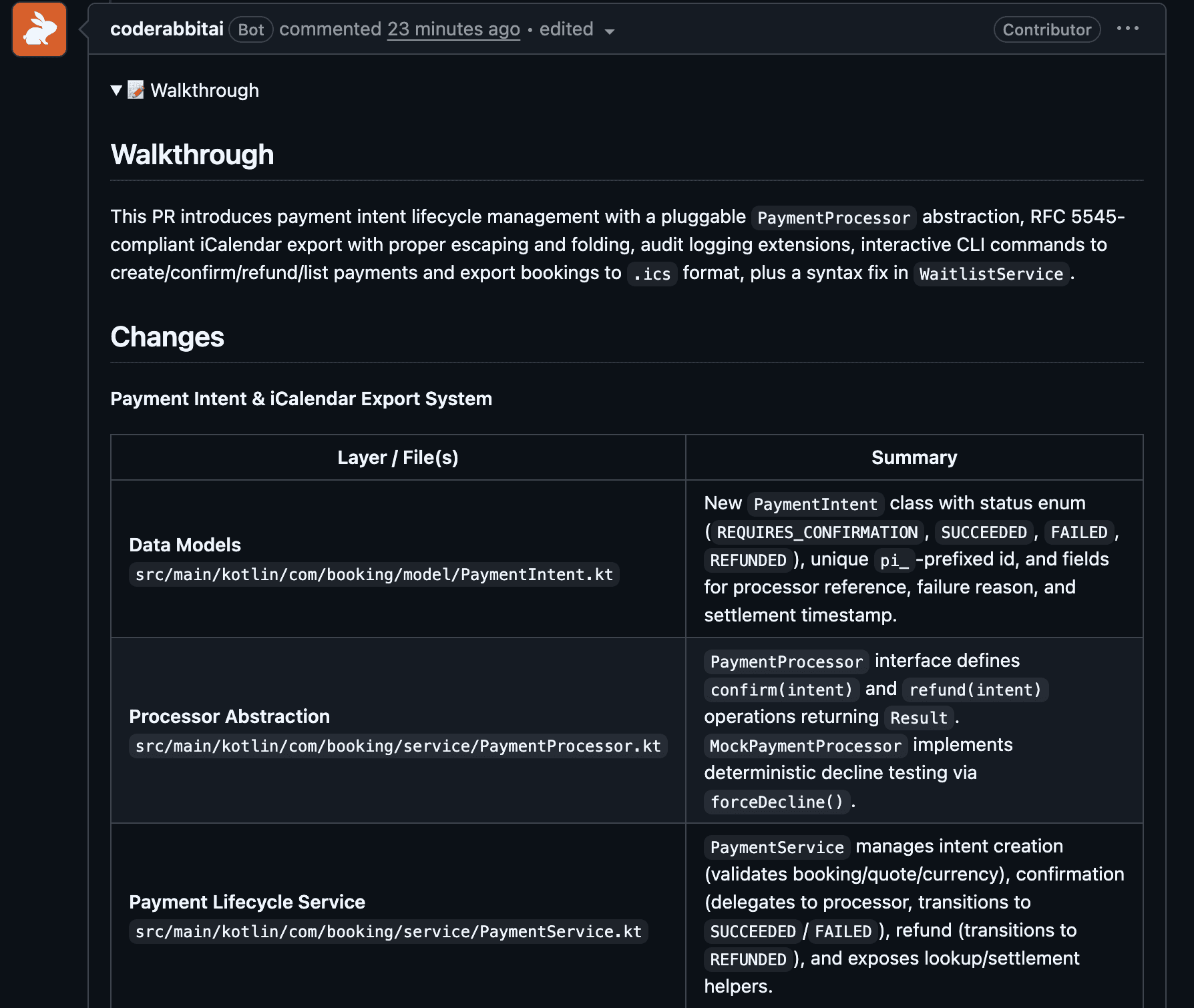 GitHub walkthrough page detailing payment intent and calendar export system changes in a summary table.