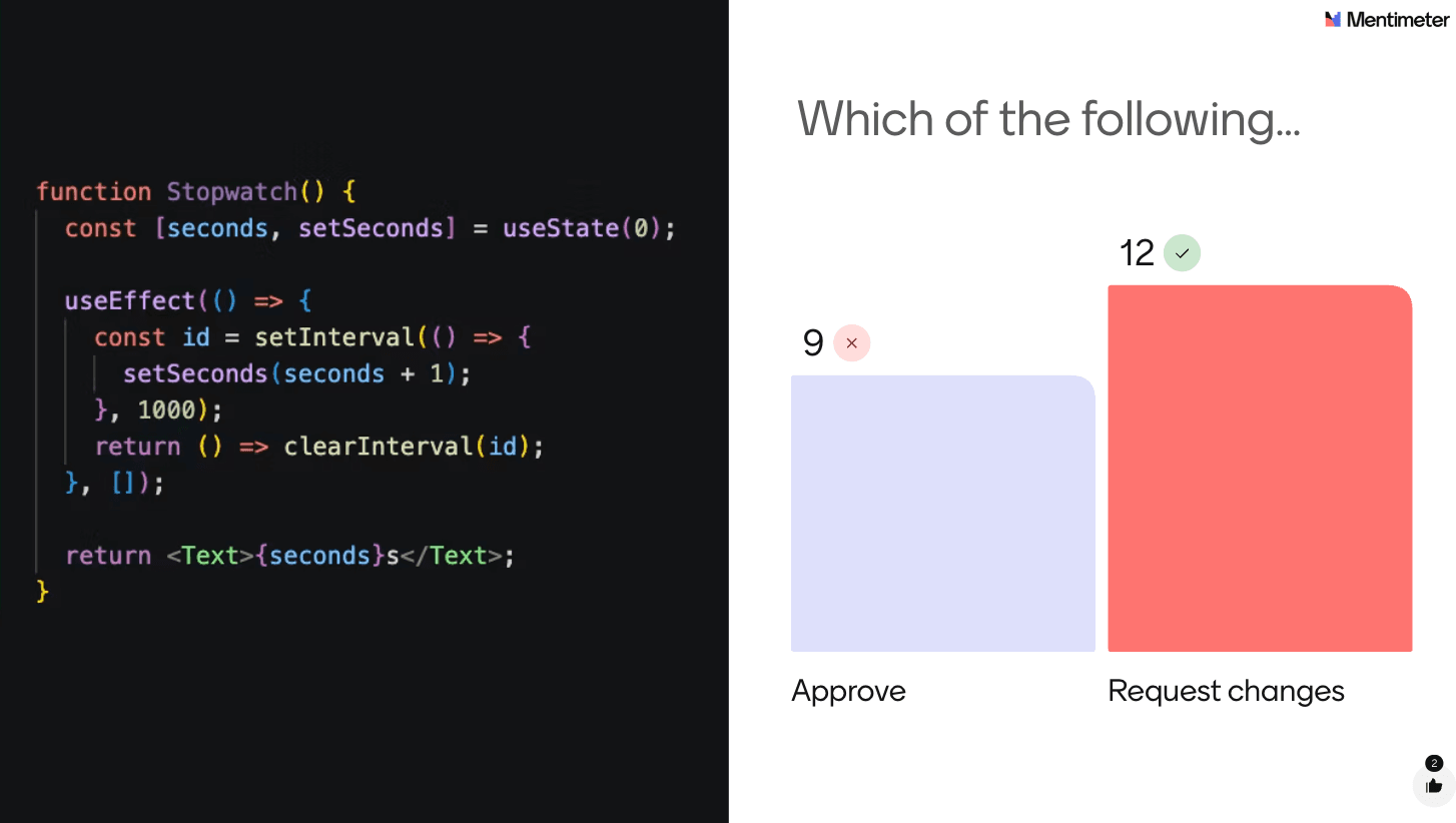 React stopwatch code next to a poll: 9 'Approve', 12 'Request changes'.