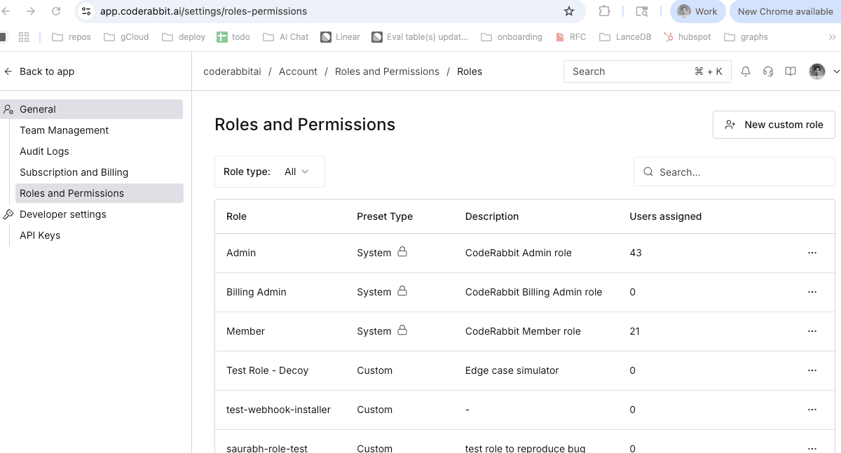 Web application displaying 'Roles and Permissions' page with a table of user roles.
