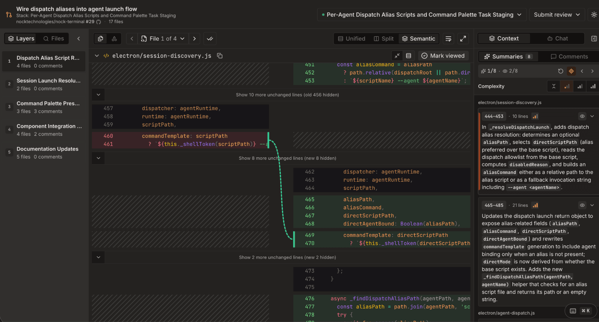 A dark themed code editor displays a diff view with removed and added code lines.