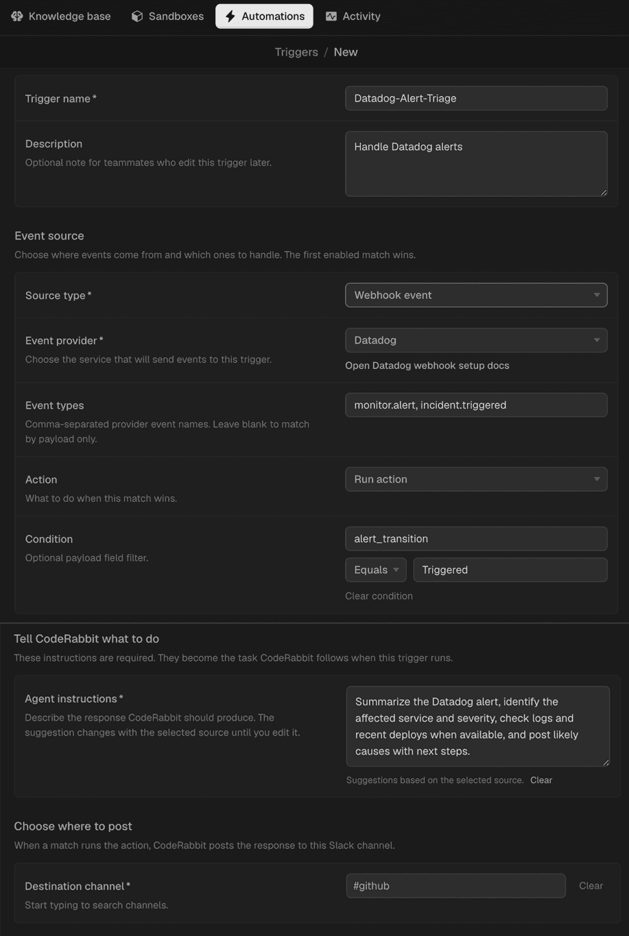 Configuration screen for setting up a new trigger with event selection and action details.