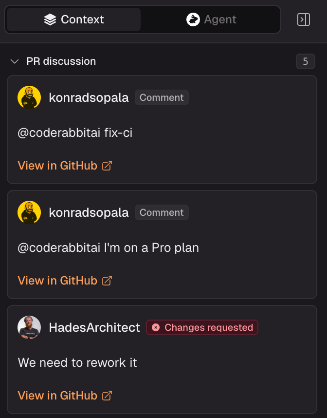 ユーザーのコメントと「Changes requested」ステータスを表示しているGitHubのPull Requestディスカッション。