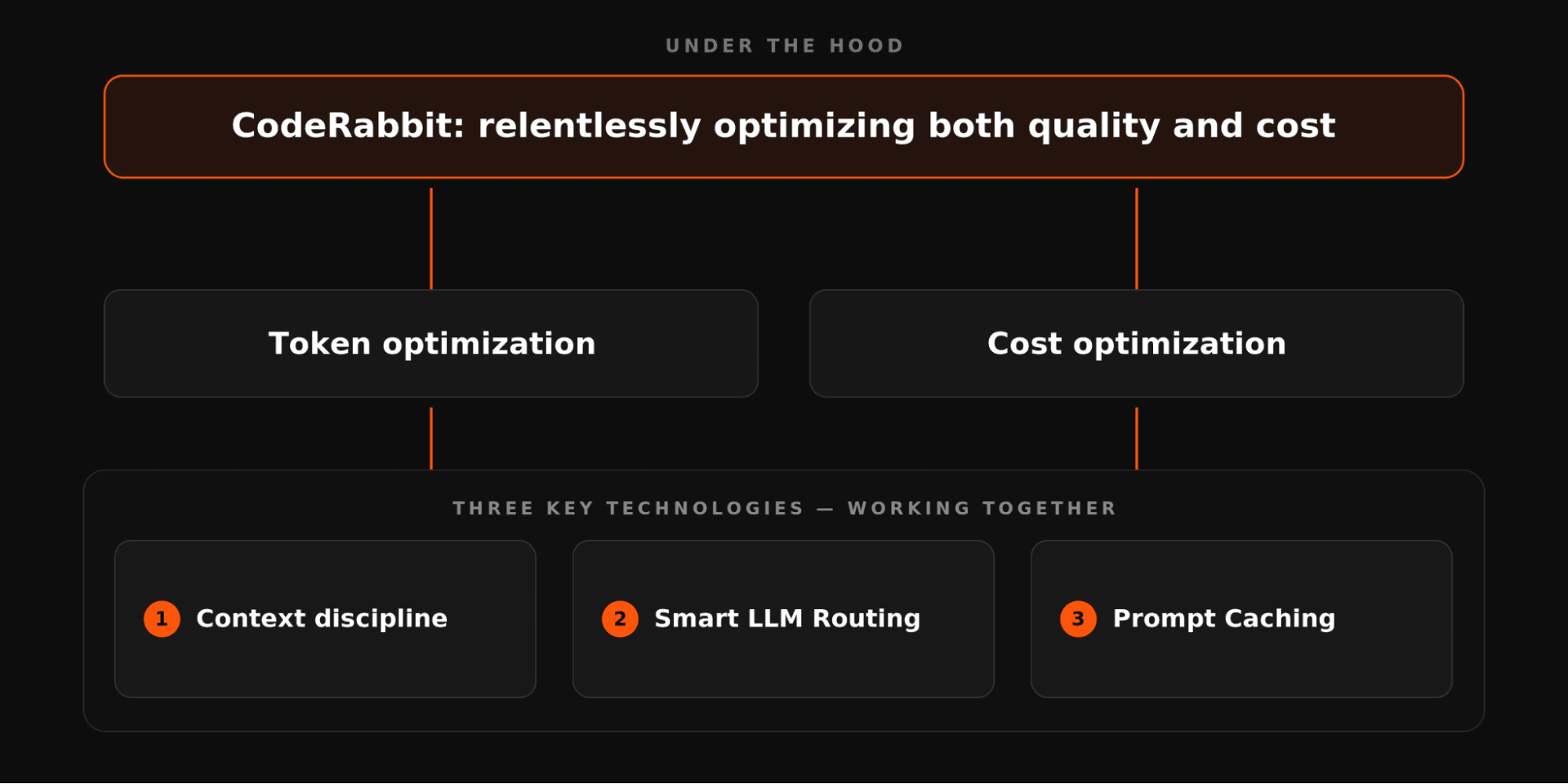 CodeRabbit's optimization diagram, detailing token, cost, context discipline, LLM routing, and prompt caching.