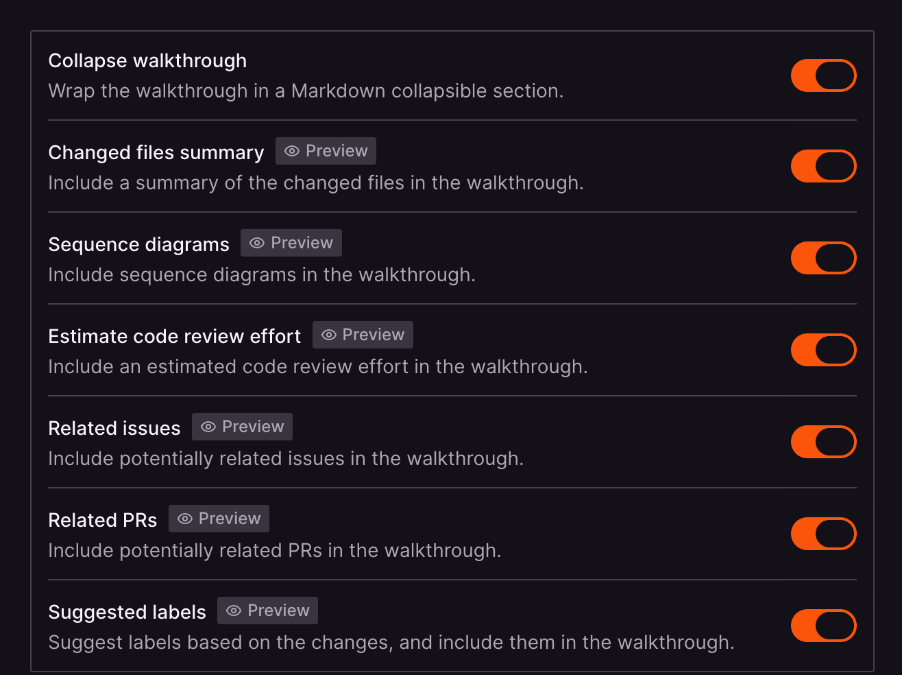 Dark UI settings panel with multiple options and active orange toggle switches.