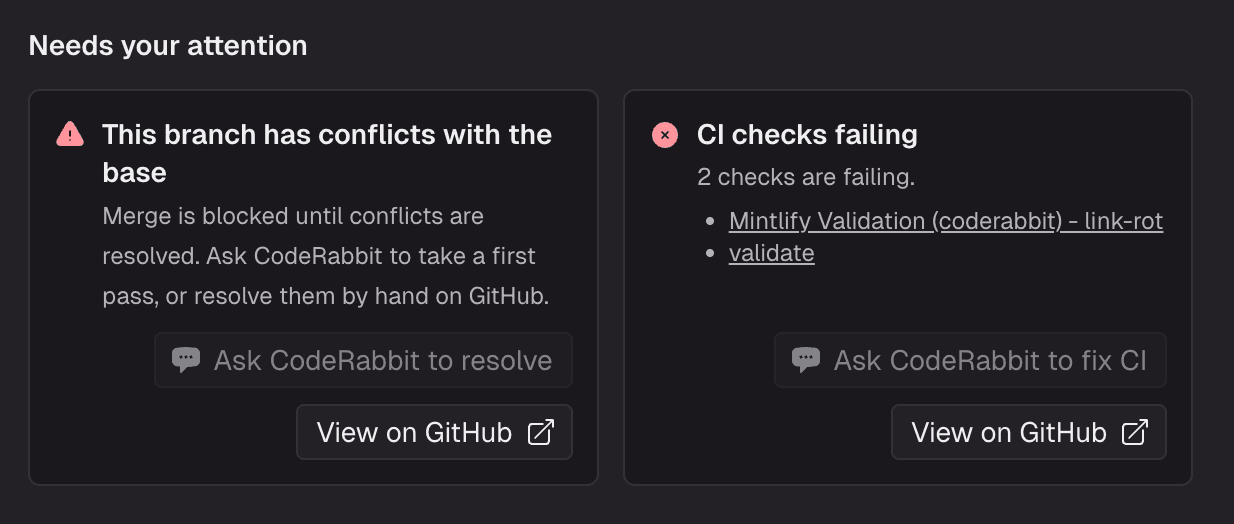 コンフリクトのあるブランチと2つの失敗したCIチェックに関する警告を表示しているGitHubのスクリーンショット。
