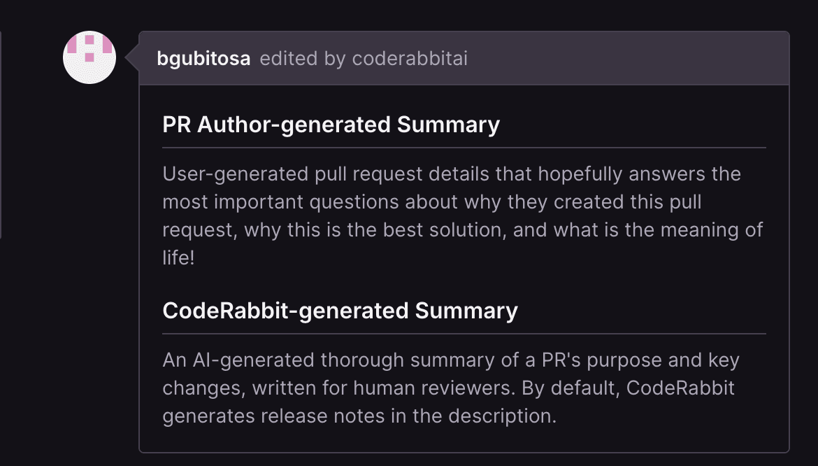 Comparison of PR author-generated summary and AI-generated summary by CodeRabbit.