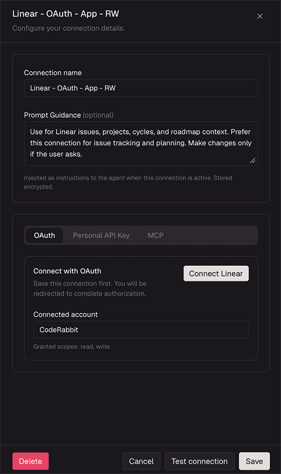 Dark mode form for configuring a Linear connection with GitHub, showing CodePilot connected.
