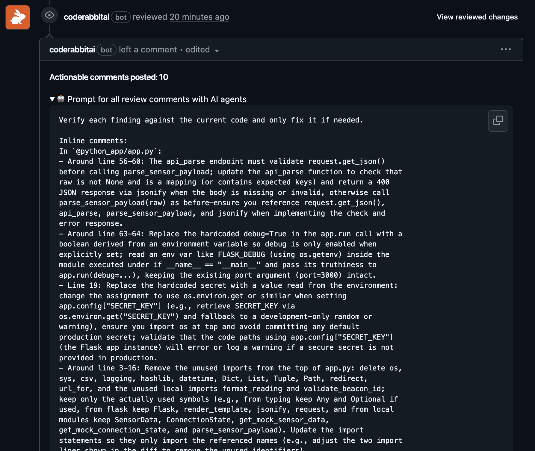 GitHub code review screen shows 10 actionable AI-generated comments on code changes.