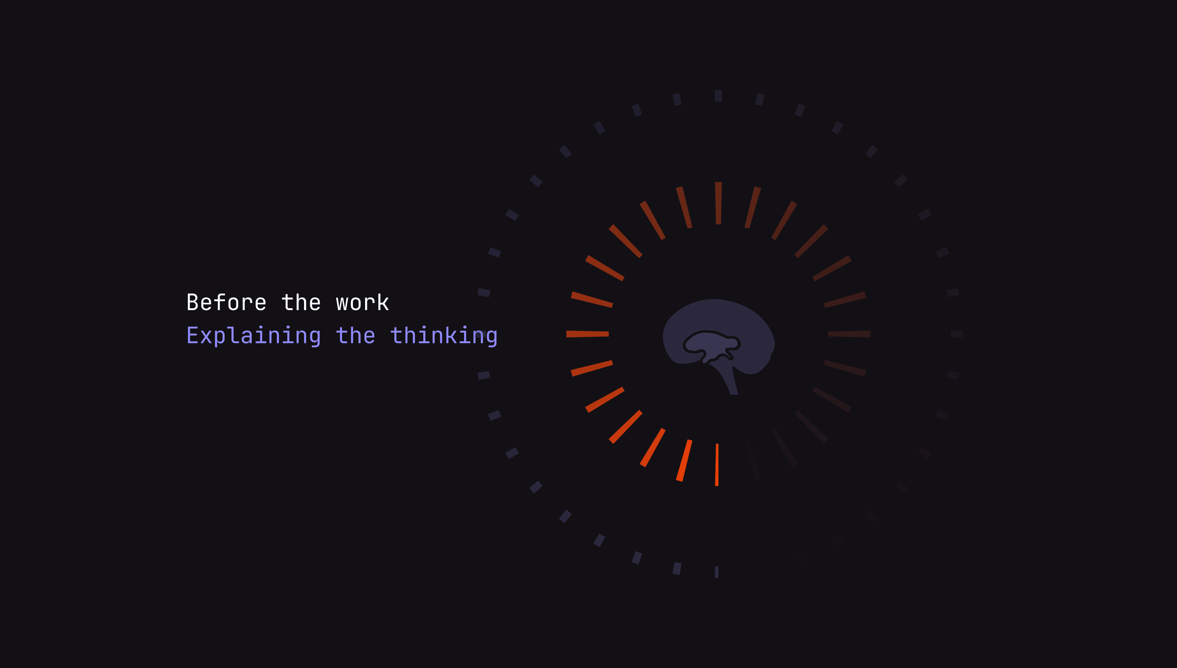 脳のアイコン、円形のローディング表示、「Before the work, Explaining the thinking」というテキスト。